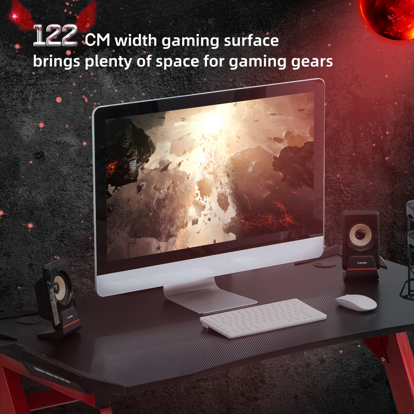 Gaming Computer Table, 122cm Width w/Cup Holder, Headphone Hook, Gamepad Holder, Cable Management Red Black  Aosom IE