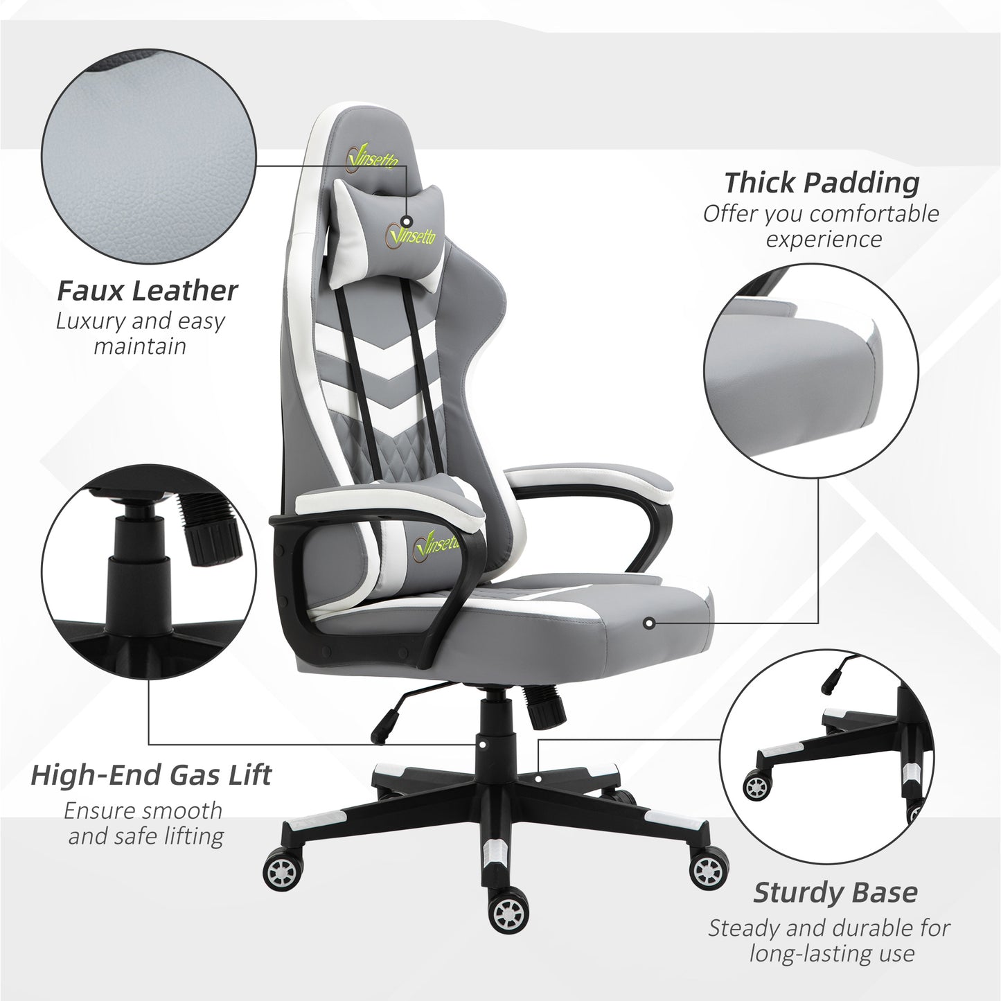 Ergonomic Gaming Chair w/ Lumbar Support, Headrest, Rocking Function, 360° Swivel, Grey White