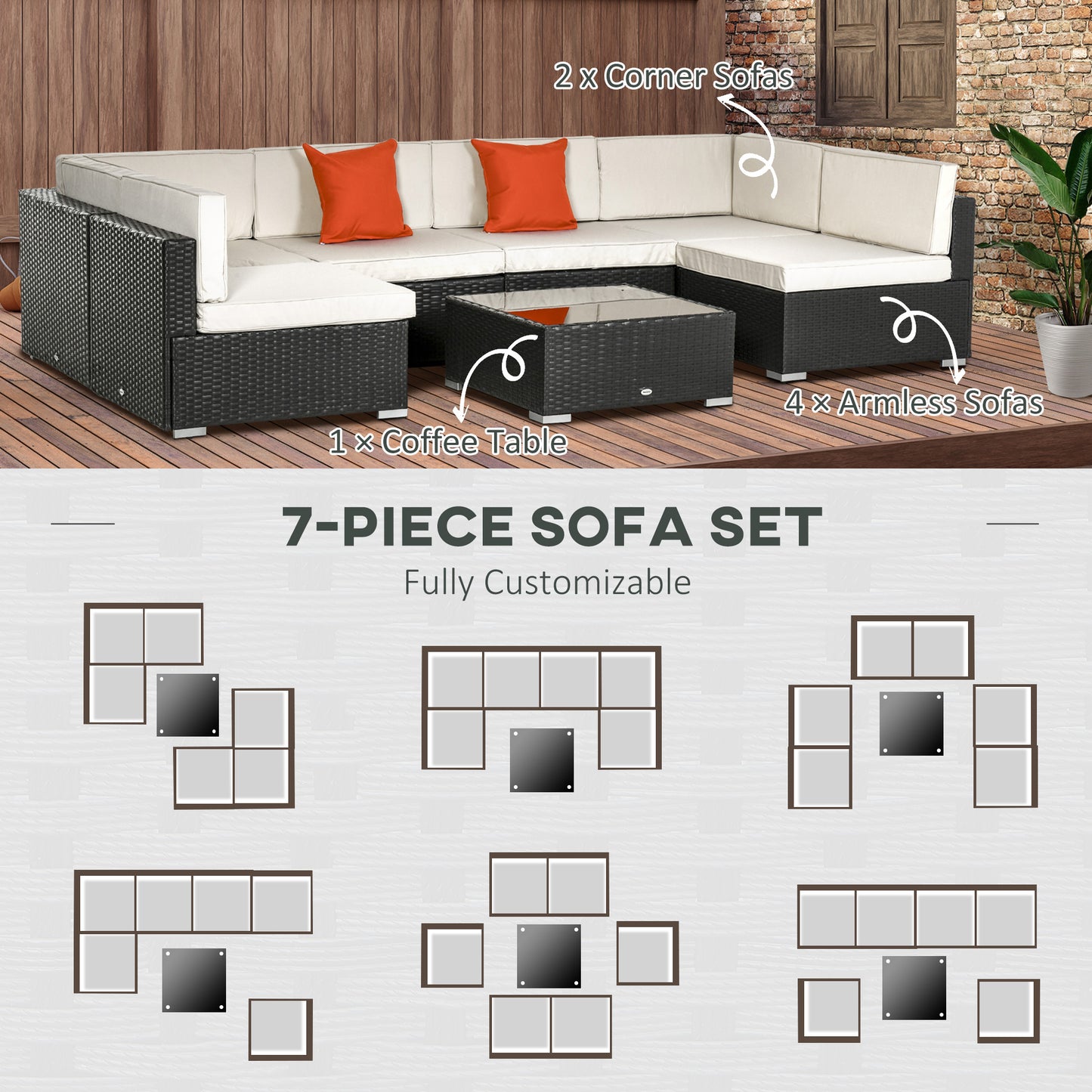 7 PC Garden Rattan Furniture Set Patio Outdoor Sectional Wicker Weave Sofa Seat Coffee Table w/Cushion, Pillow Buckle Structure Dark Coffee