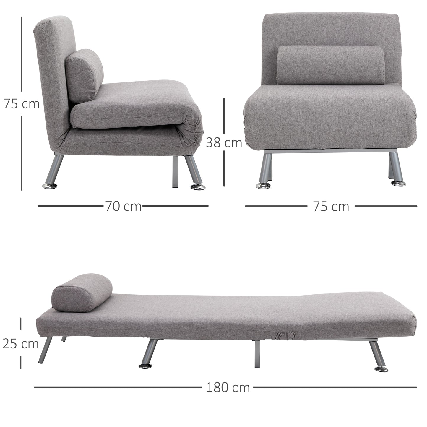 Single Sofa Bed, Futon Couch, w/ Pillow, Linen, Armless, for Guests, Living Room, Space Saving, Grey