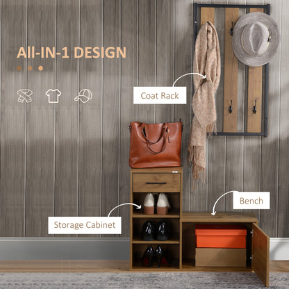 Coat Rack with Shoe Bench Set, Hall Tree, Hallway Set with 6 Hooks, Drawer and Storage Cabinet, Black and Natural