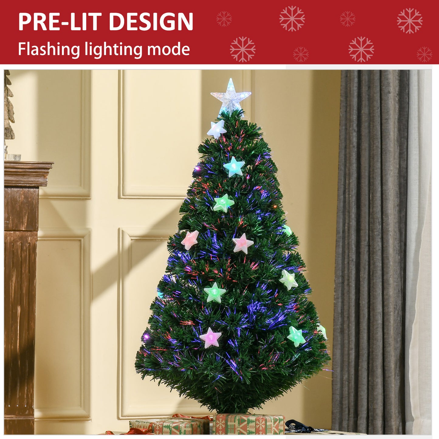 4ft Pre Lit Artificial Christmas Tree Fibre Optic W/ Stars Green