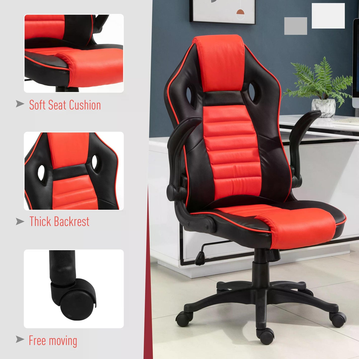 Home Office Video Game Racing Chair Swivel High Back Ergonomic Tilt Design Flip-up Armrest Height Adjustable Free Moving