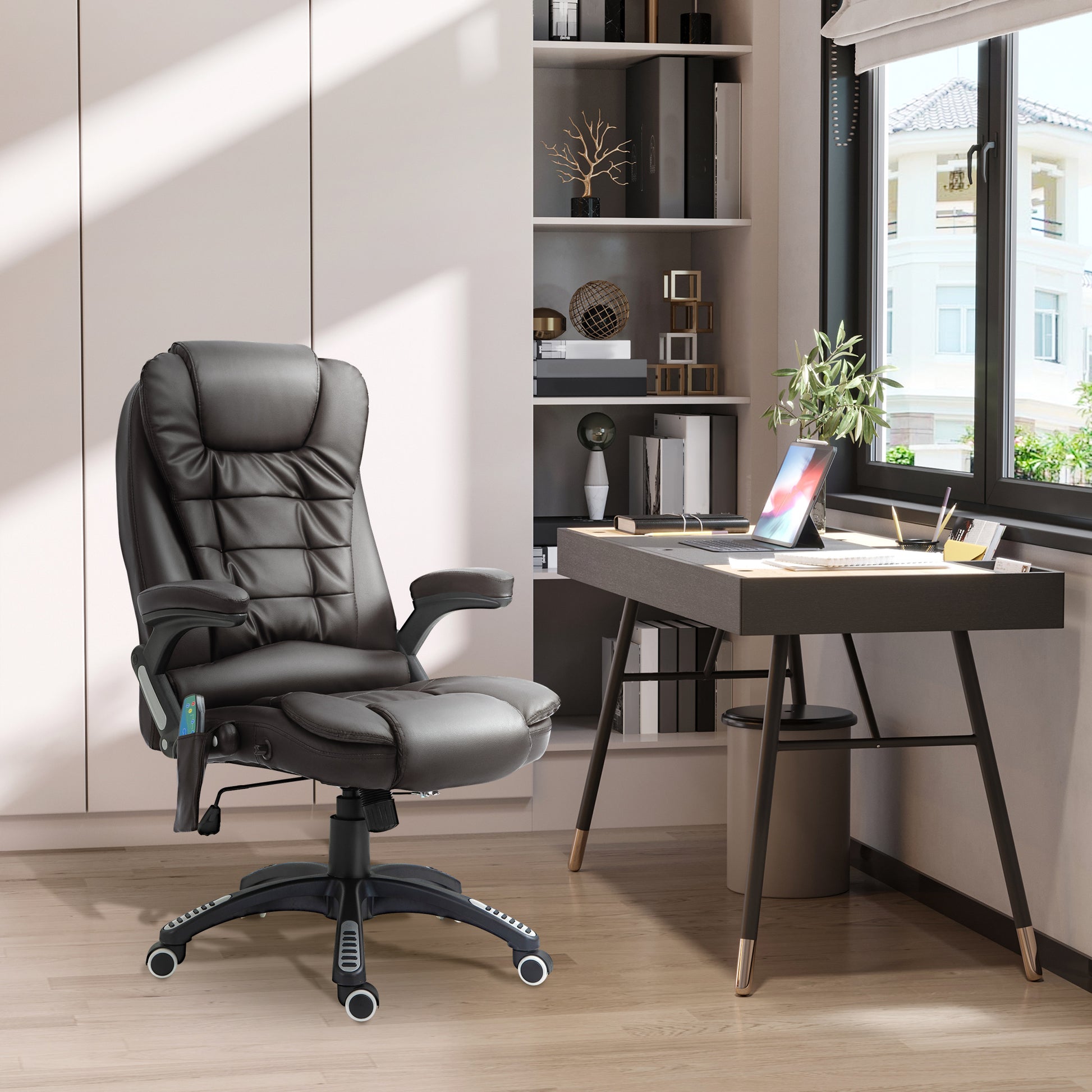 HOMCOM Executive Office Chair, Massage Office Chair, Office Chair, Leather, 135° Reclining, Rocking Function, 360° Swivel, Brown 