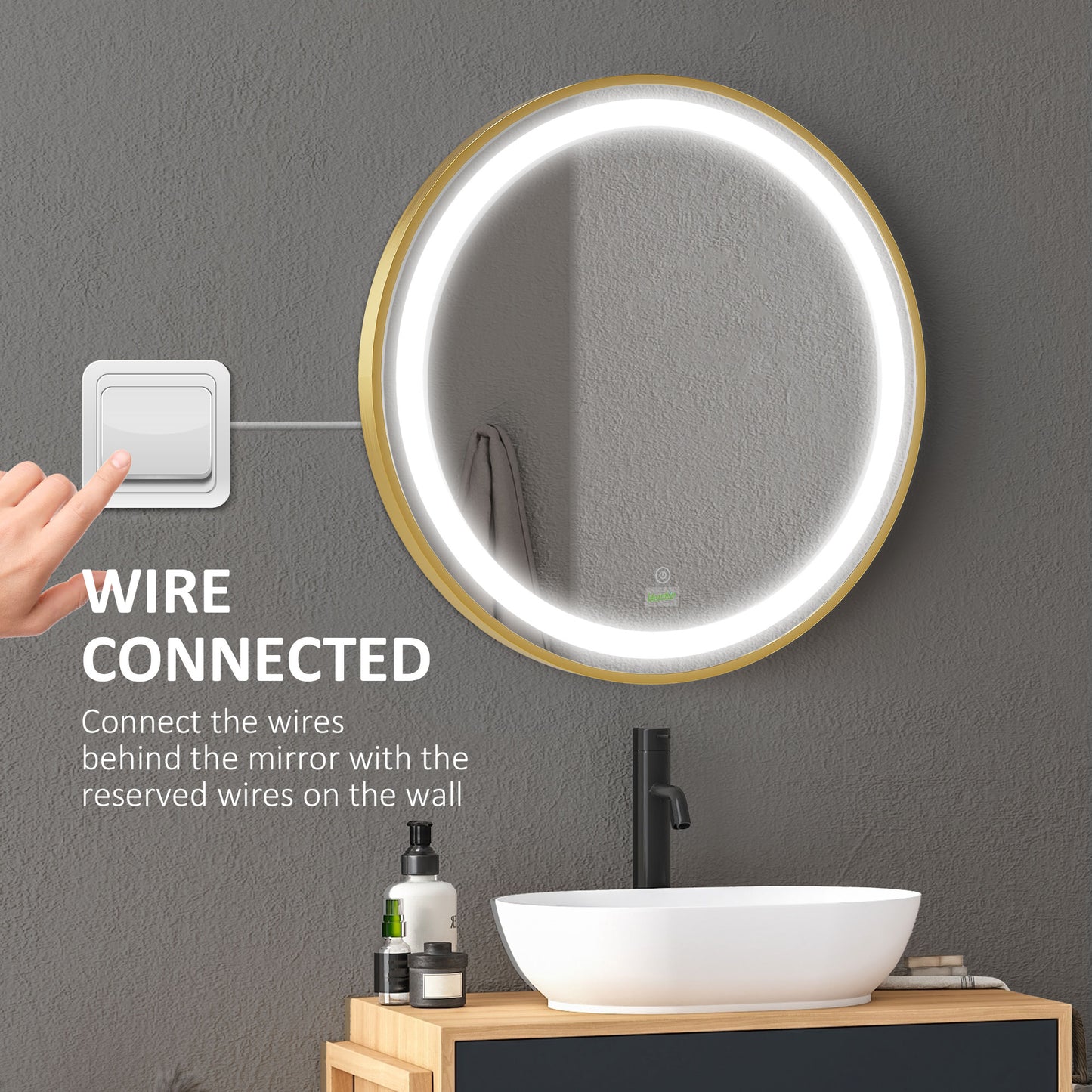 kleankin Round LED Bathroom Mirror, Dimmable Lighted Wall Mount Mirror with 3 Colours, Time Display, Memory Function, Hardwired