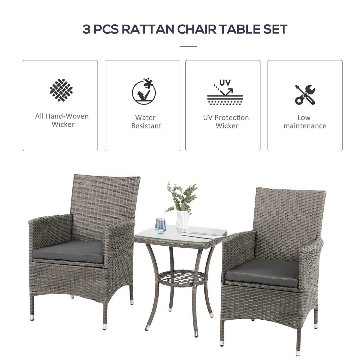 Garden Outdoor Rattan Furniture Bistro Set 3 PCs Patio Weave Companion Chair Table Set Conservatory, Light Grey