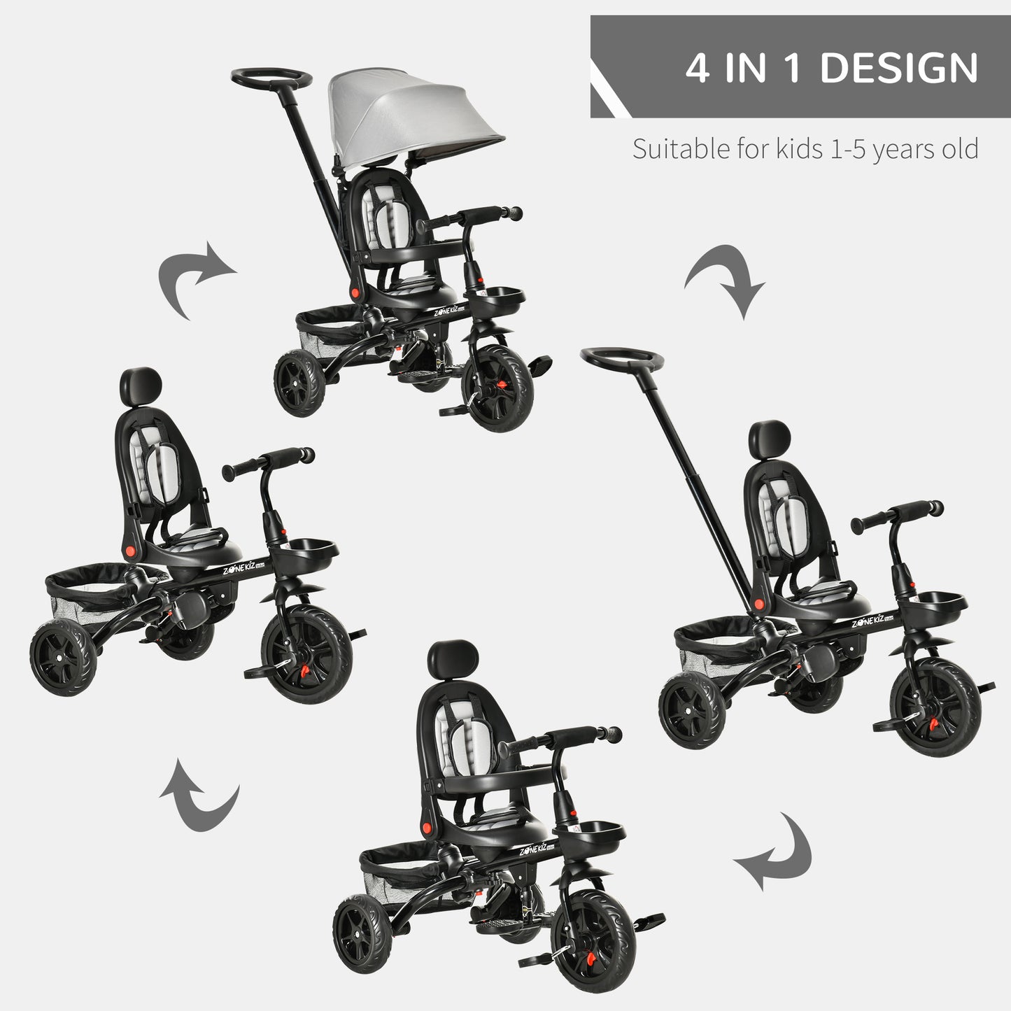 Childrens Push Chairs, 4 in 1 Foldable Pedal w/ Reversible Angle Adjustable Seat Removable Handle Canopy Handrail Grey