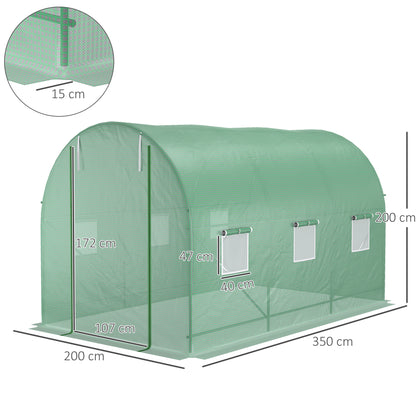 Polytunnel, 3.5 x 2 x 2 m, with Steel Frame, PE Cover, Roll Up Door and 6 Windows, Green