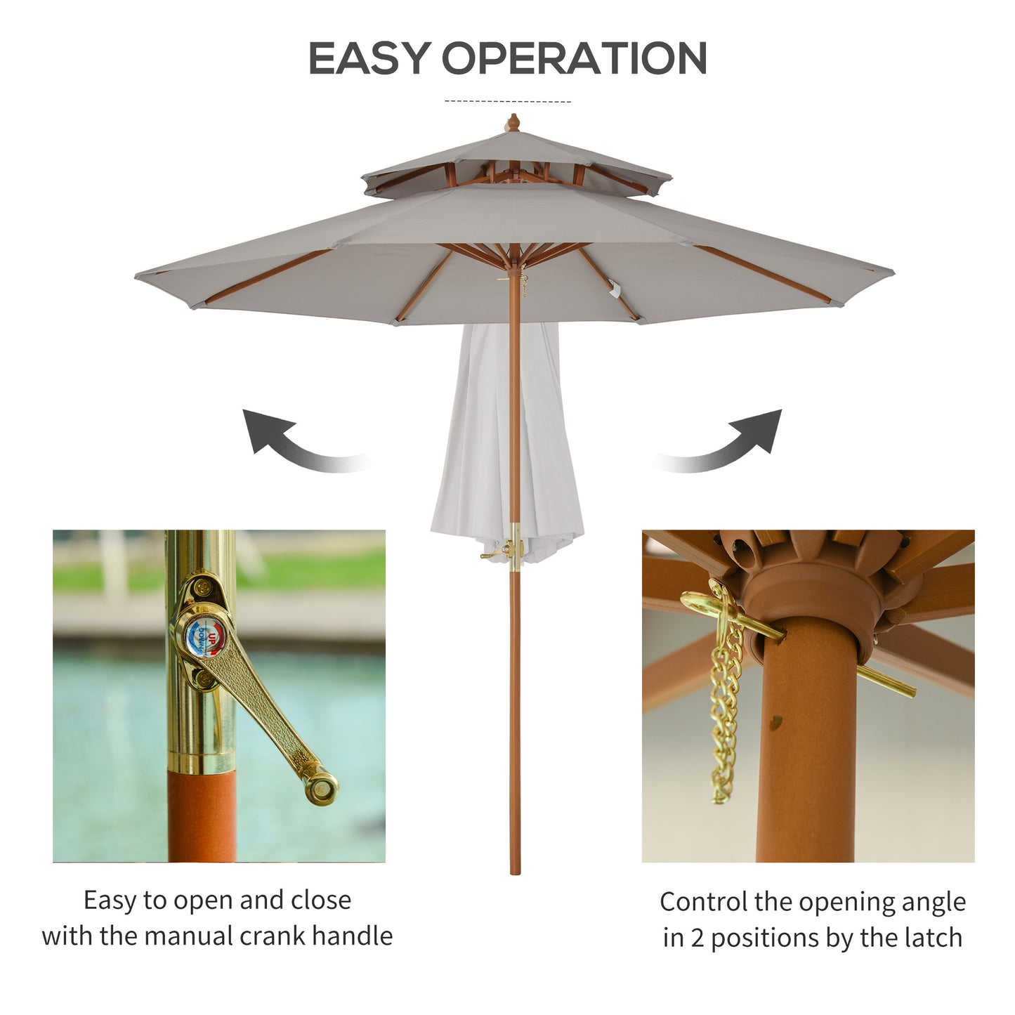 2.7 m Double Tier Outdoor Patio Garden Sun Umbrella Sunshade Wooden Parasol Grey