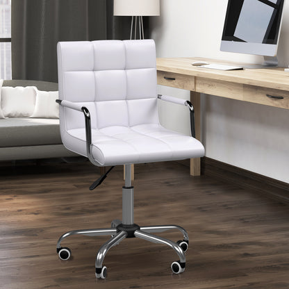 Meeting Chair, Mid Back PU Leather Home Office Desk Chair Swivel with Arm, Wheels, Adjustable Height, White