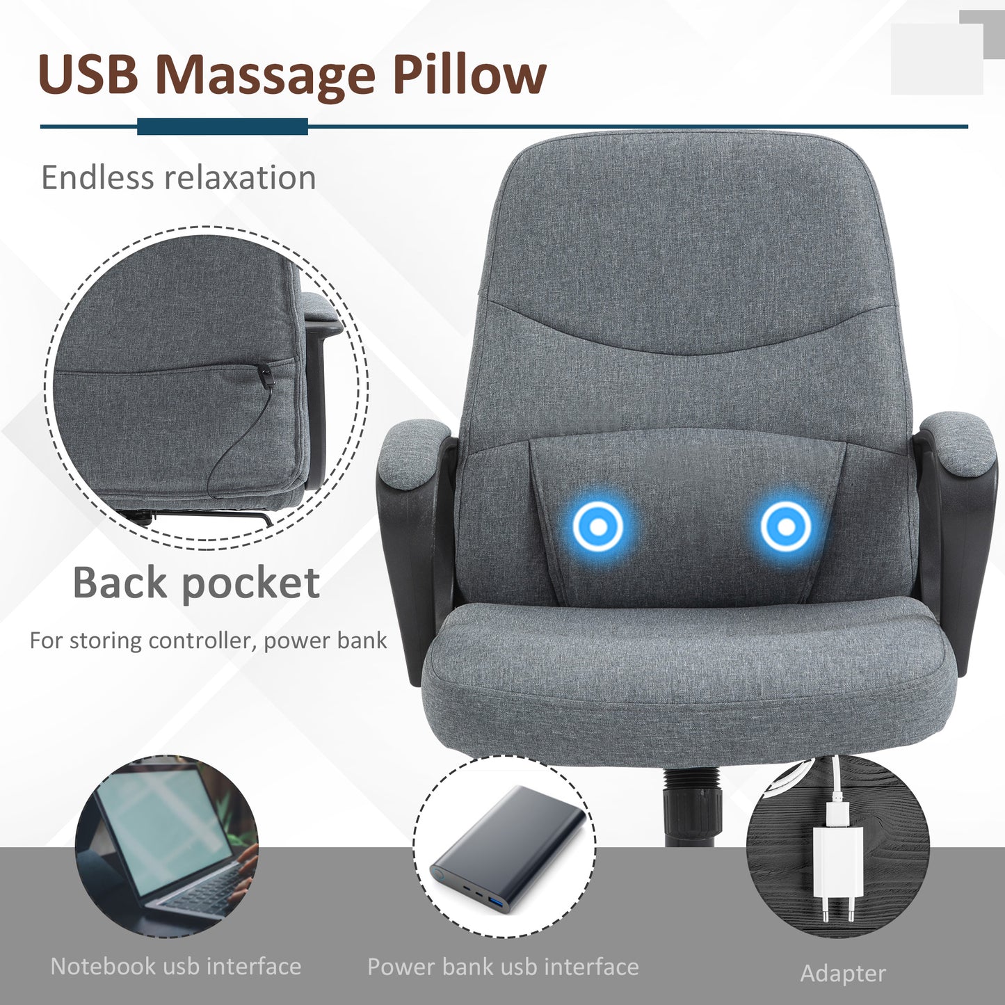 Grey Desk Chair, Two-point Vibration Massage, Linen, Rocking Function,  360° Swivel, Adjustable Height