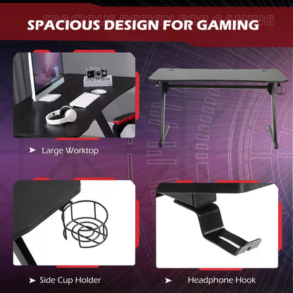 Steel Frame Gaming Desk w/ Headphone & Drink Holder Black