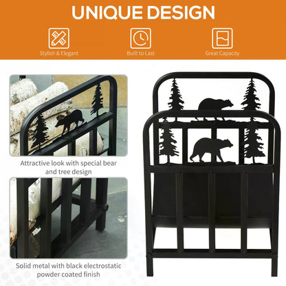 Firewood Log Rack Curved Fireplace Log Holder Wood Storage Rack with Handles, Bear Shape Design Outdoor and Indoor Use Black