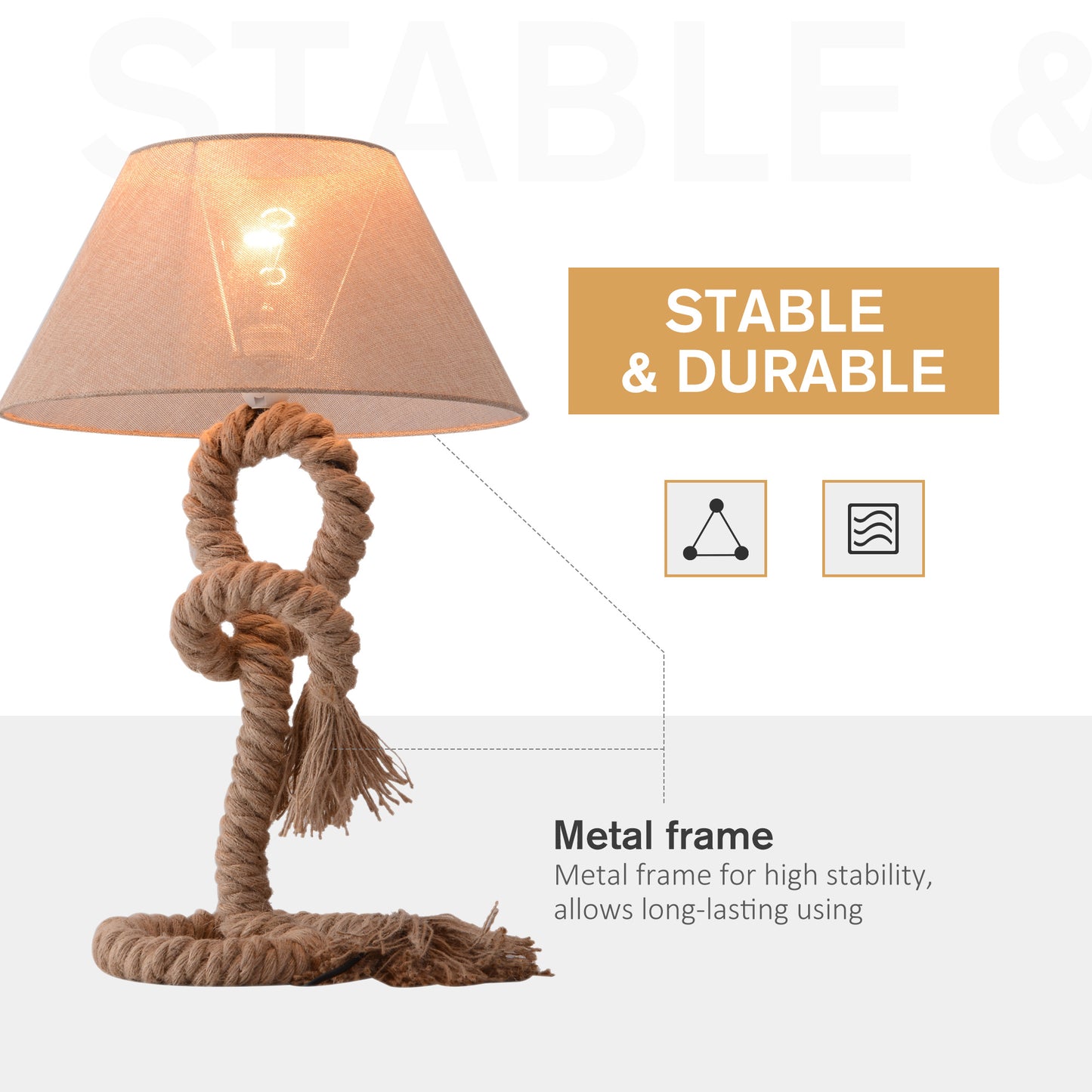 Rope Table Lamp, Linen Lamp Shade Indispensable Nautical Twisted Rope E27 Base Beige