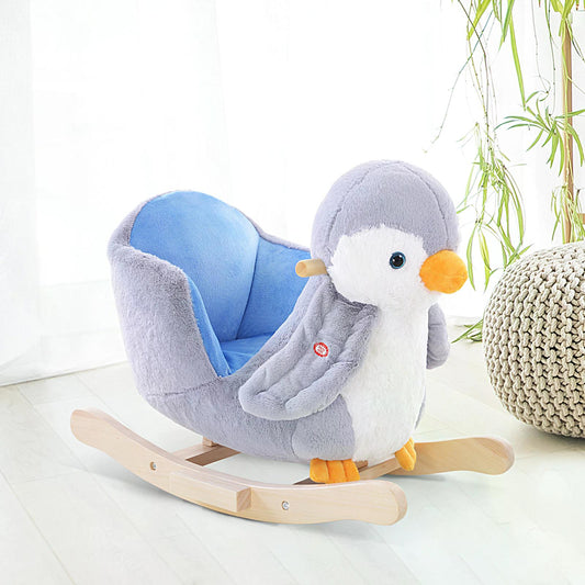 HOMCOM Wooden Rocking Horse Penguin Colourful Plush Musical Button 32 Songs Wide Seat Handlebar Multicoloured