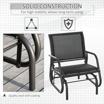 Outdoor Glider Swing Chair with Breathable Mesh Seat and Backrest, Steel Frame, Curved Rocking Arms, Dark Grey and Black