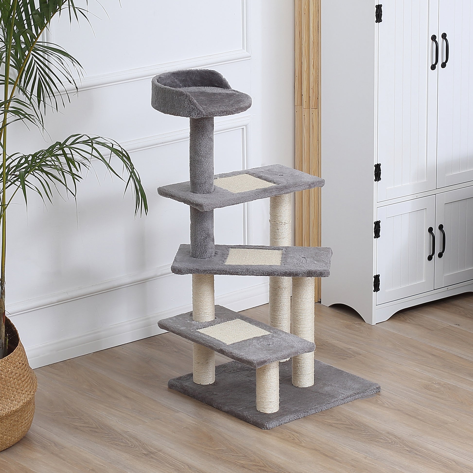 PawHut 101cm Cat Tree Cat Tower Scratching Post Climbing Tree for Kitten Portable Activity Center Beige Grey 