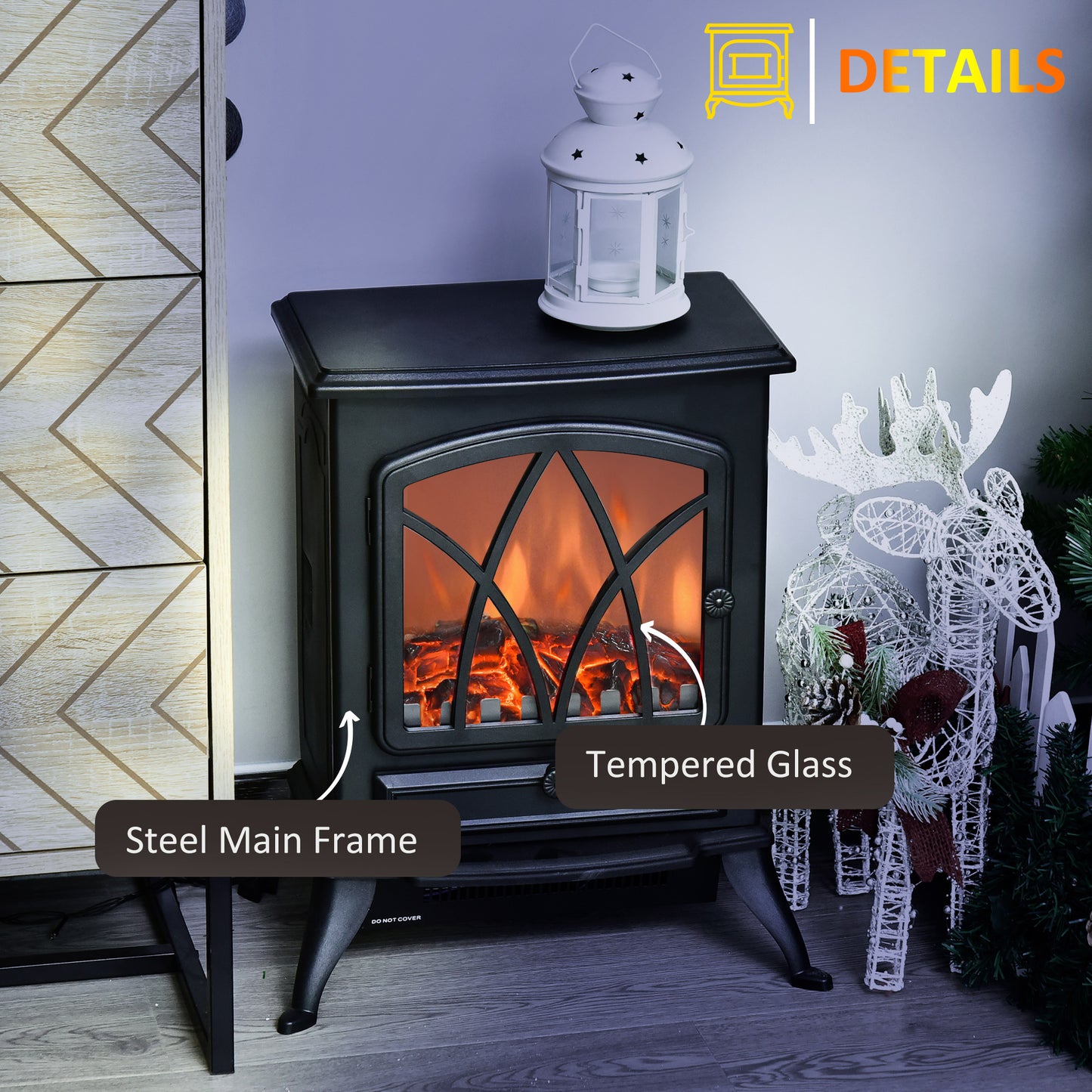 1850W Flame Effect Electric Free Standing Fireplace W/Fan and Log Burning Stove Heater-Black