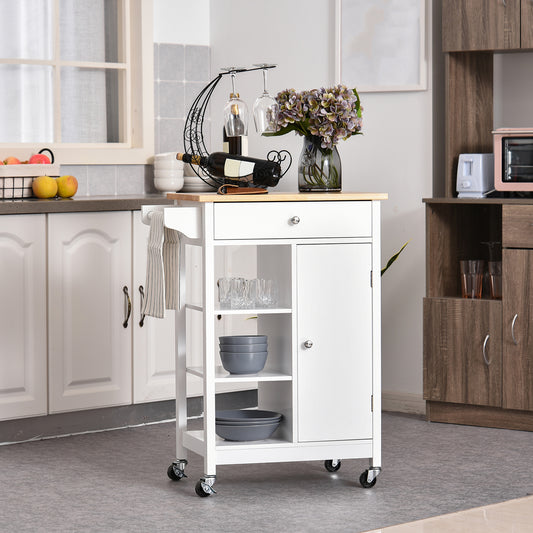 HOMCOM Kitchen Trolley on Wheels w/ Wood Top 3 Shelves Cupboard Drawer Rail 4 Wheels Handles Moving Shelf Handy Spacesaver White