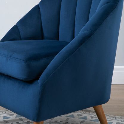 Blue Accent Chair Velvet-Look Upholstery w/ Wooden Legs