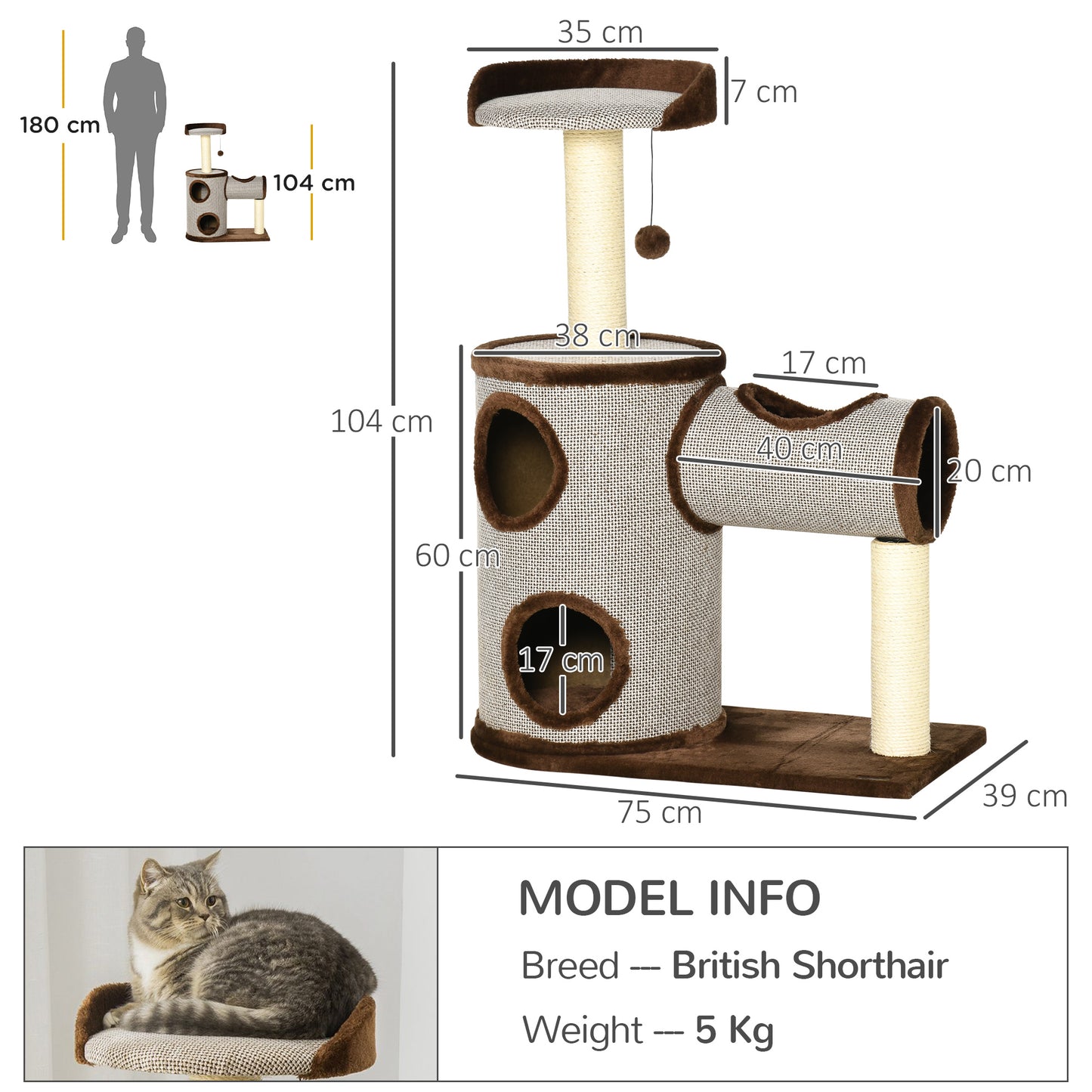 Cat Play Tower, 104cm,  w/Scratching Post for Kitten Activity Center Brown