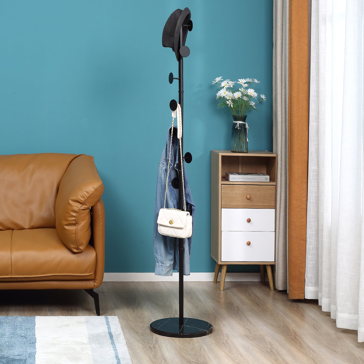 HOMCOM Coat Rack Stand Free Standing Hall Tree with 8 Round Disc Hooks for Clothes, Hats,Purses, Steel with Marble Base, Black 