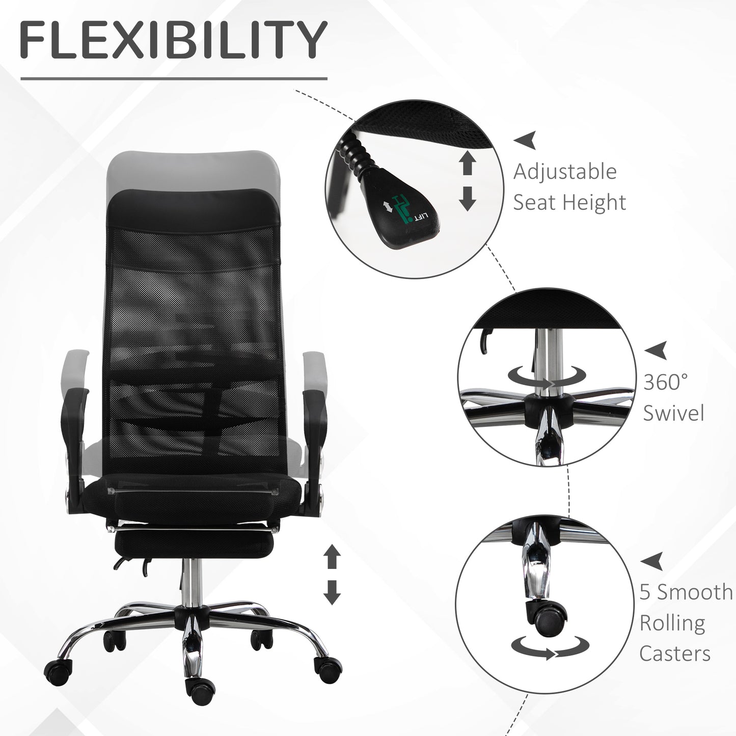 High Back Office Chair Ergonomic Mesh with Footrest Reclining Lumbar Support Headrest Black