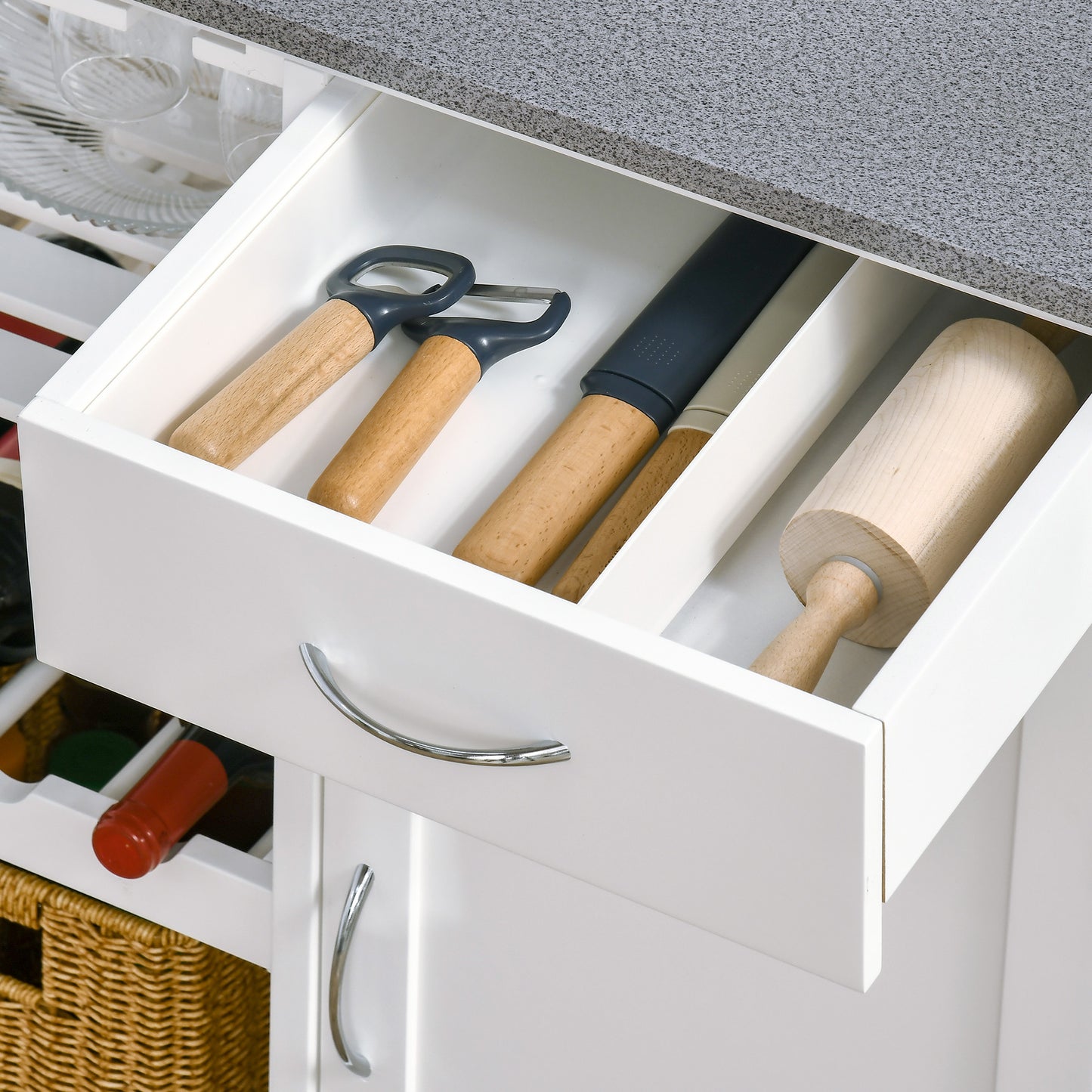 Kitchen Storage Trolley, on Wheels with Wine Rack, Drawer, Open Shelf and Storage Cabinet for Dining Room, White