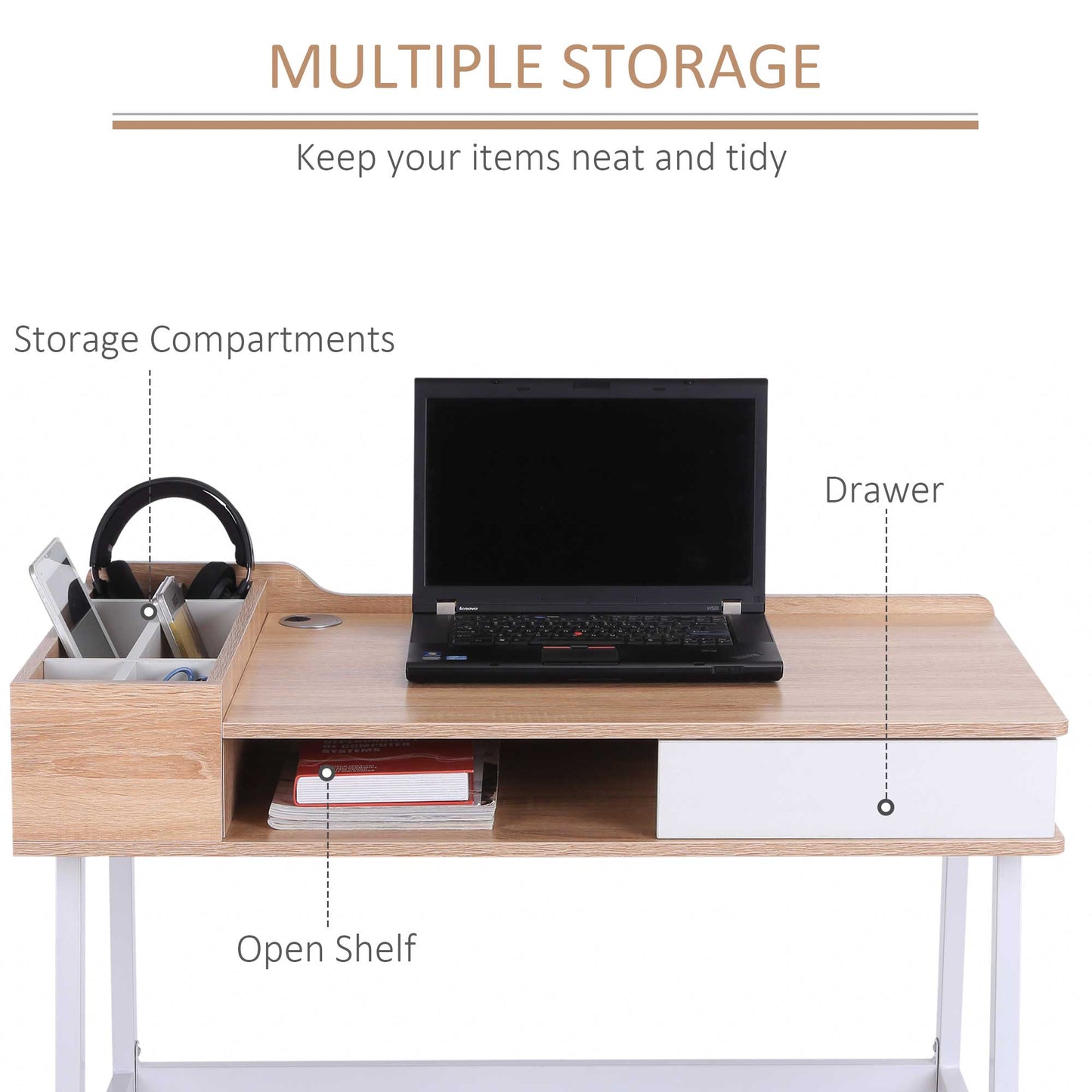 Computer Desk, Writing Study Desk, MDF, 100Lx55Wx 81.5H cm-Oak/White Colour