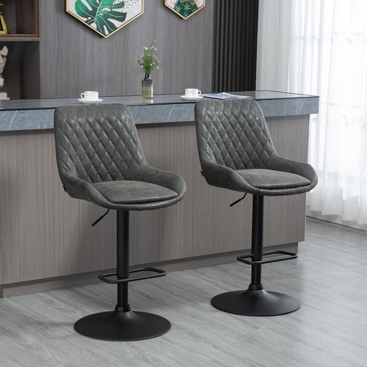 HOMCOM Retro Bar Stools Set of 2, Adjustable Kitchen Stool, Upholstered Bar Chairs with Back, Swivel Seat, Dark Grey 