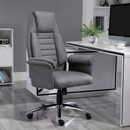 Homcom High Back Office Chair, Grey Desk Chair, Linen-Feel Fabric, Hight Adjustable, Rocking, Double-Tier Armrest 