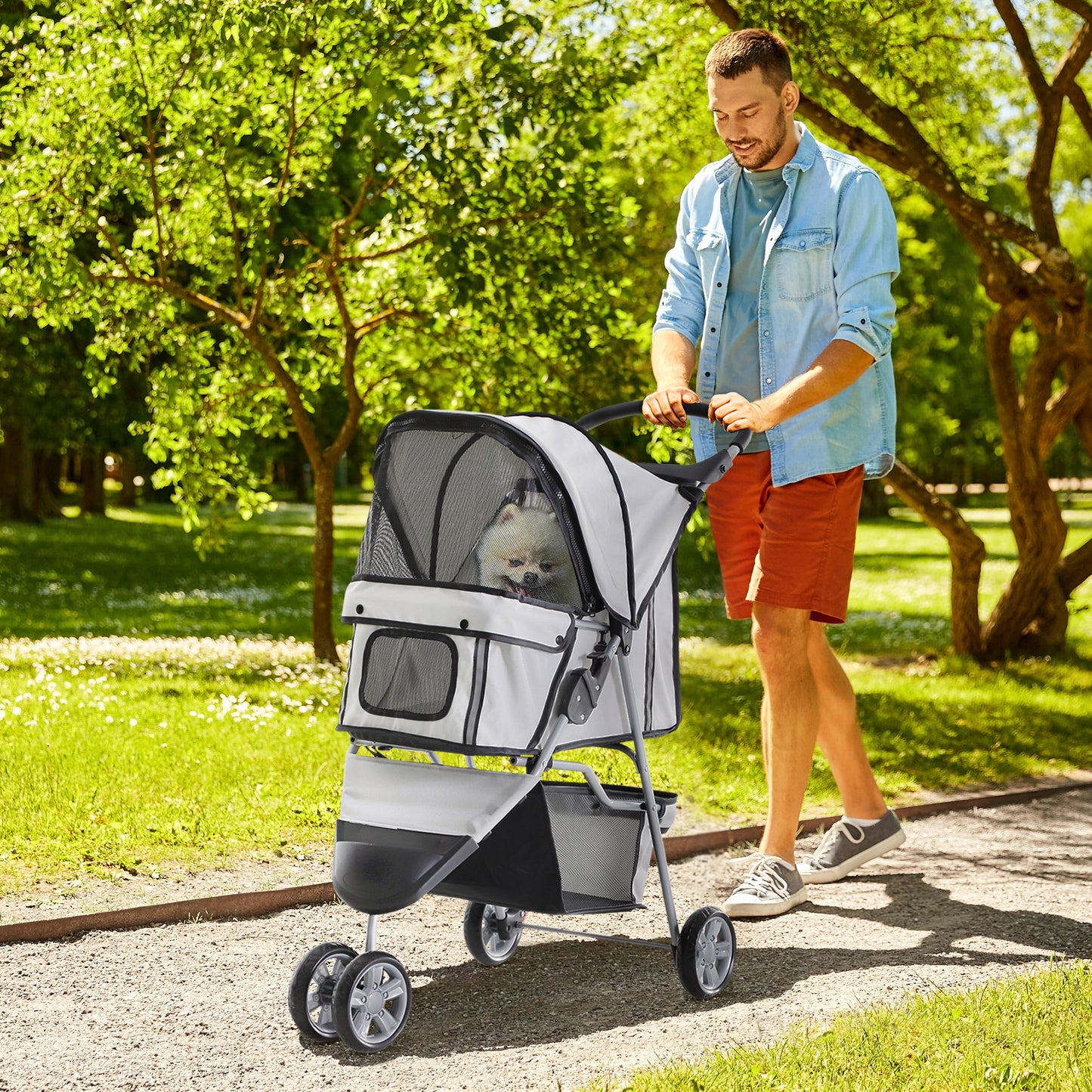 PawHut Cat Stroller Pram Pushcahir, Foldable, W/Three Wheels-Grey