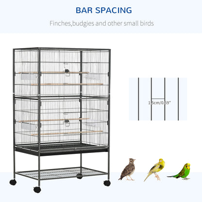 Large Bird Cage Budgie Cage for Finch Canaries Parakeet with Rolling Stand, Slide-out Tray, Storage Shelf, Food Containers, Dark Grey