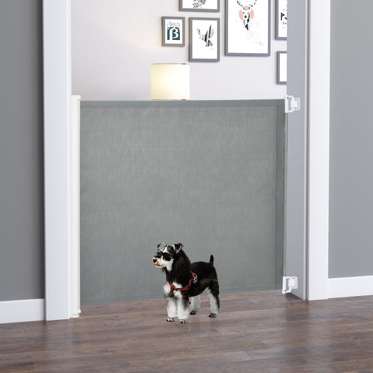 PawHut Retractable Safety Gate Dog Pet Guard Barrier Folding Protector Home Doorway Room Divider Stair Guard Grey 115L x 82.5H cm 