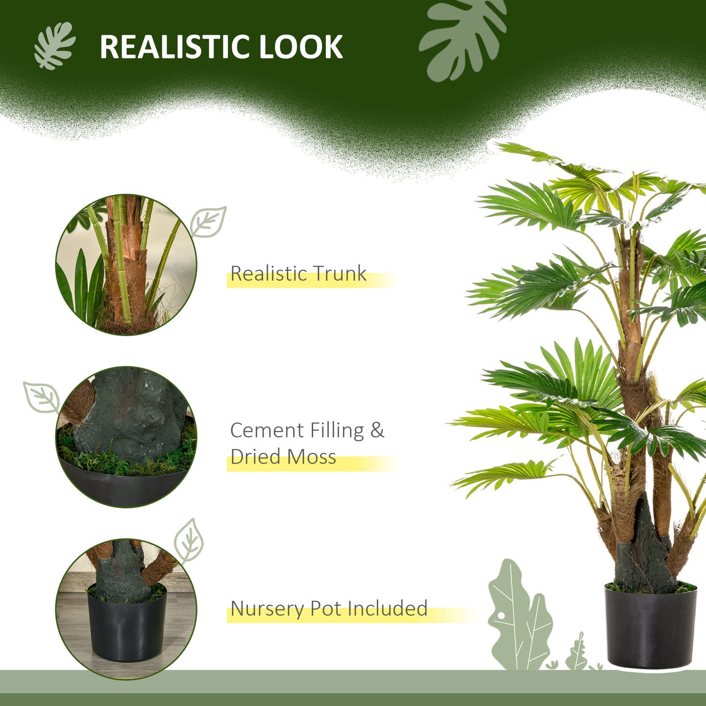 Artificial Tropical Palm Tree Fake Decorative Plant in Nursery Pot for Indoor Outdoor Décor, 135cm