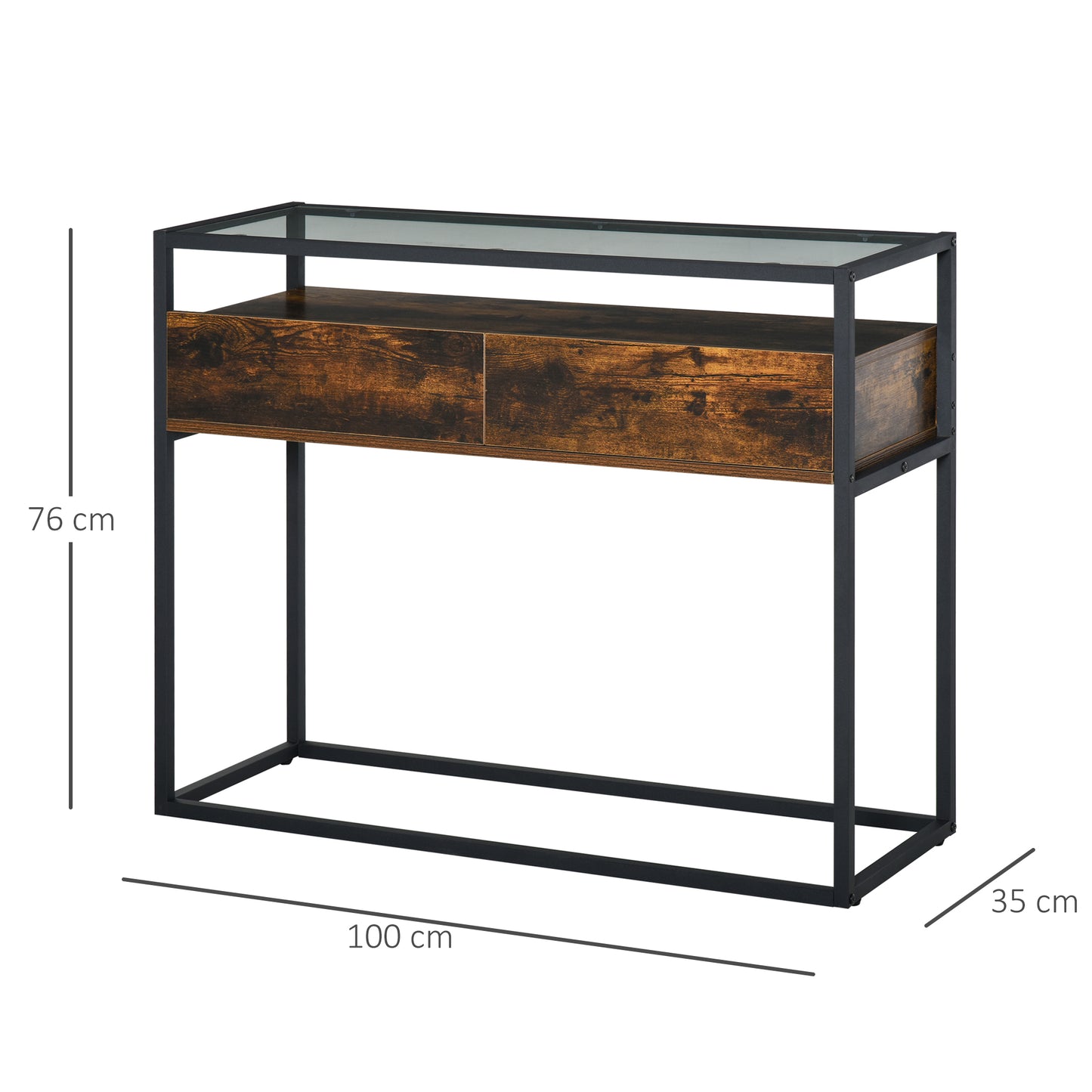 Industrial Style Entryway Console Table Desk with Drawers, Toughened Glass Shelf, 3D Wood Grain