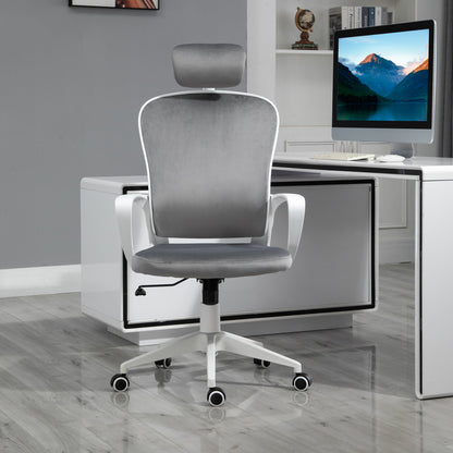 Vinsetto Ergonomic Office Chair High-Back Velvet Style Fabric Computer Home Rocking With Wheels, Rotatable Liftable Headrest, Grey