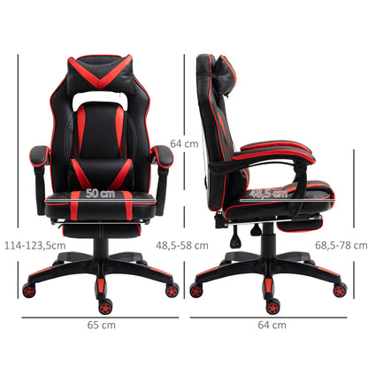 Reclining Gaming Chair with Footrest, Ergonomic, PU Leather Executive Swivel Chair with Headrest, Red and Black