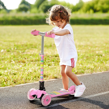 HOMCOM Toddler Scooter, 3 Wheel Scooter, Foldable Adjustable Height LED Flashing Wheels for Boys&Girls 3-8 Years Pink 