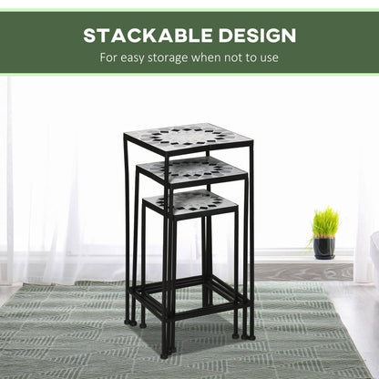 3-Piece Metal Plant Stand, Stackable Flower Display Rack with Ceramic Tile Surface for Garden, Balcony, Black and White