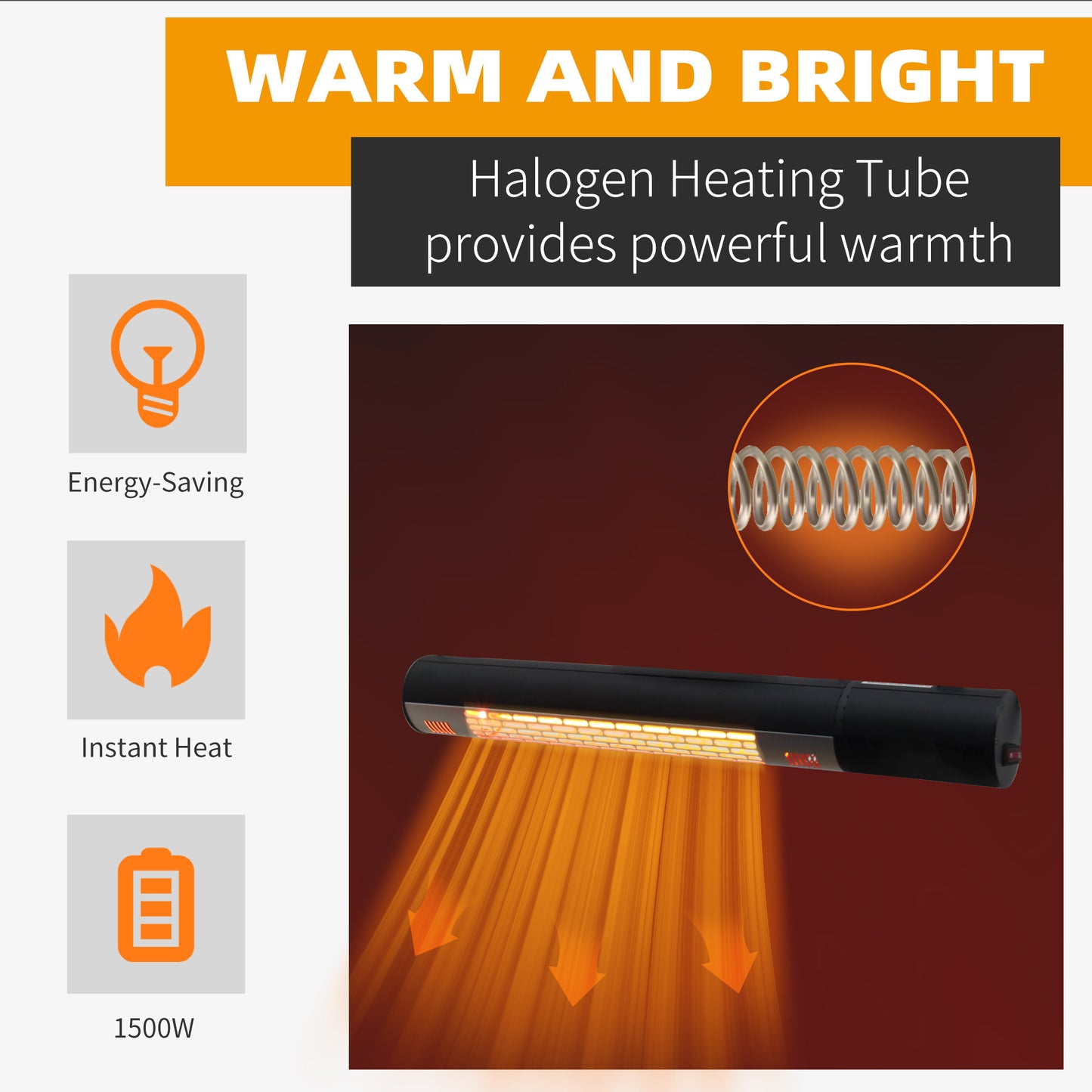 Outdoor Wall Mount Electric Halogen Heater, 1500W-Black