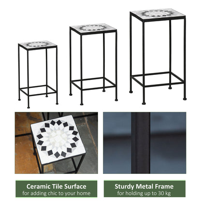 3-Piece Metal Plant Stand, Stackable Flower Display Rack with Ceramic Tile Surface for Garden, Balcony, Black and White