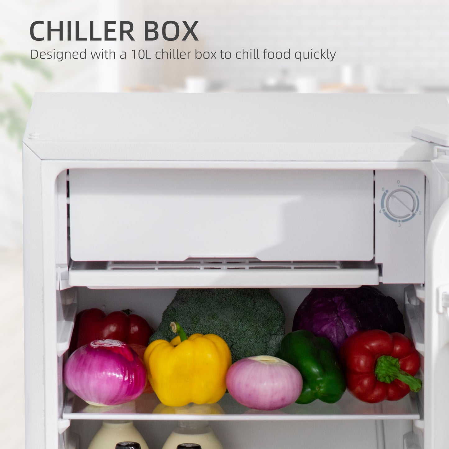 91 Litre Freestanding Under Counter Fridge with Chiller Box, Reversible Door, Adjustable Thermostat, 47.5cm Wide White