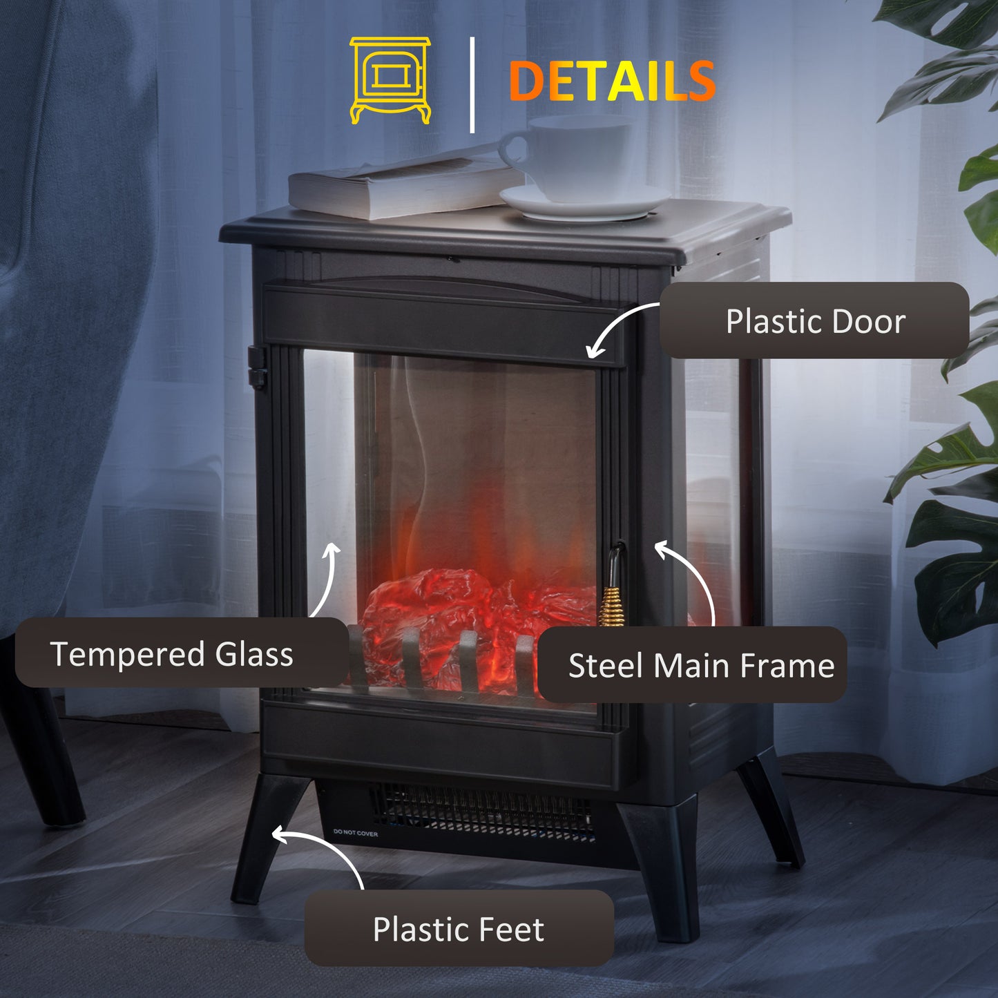 Electric Stove Fire, Electric Freestanding Fireplace, 3 Sided, with LED Flame Effect, Tempered Glass, Overheat Protection