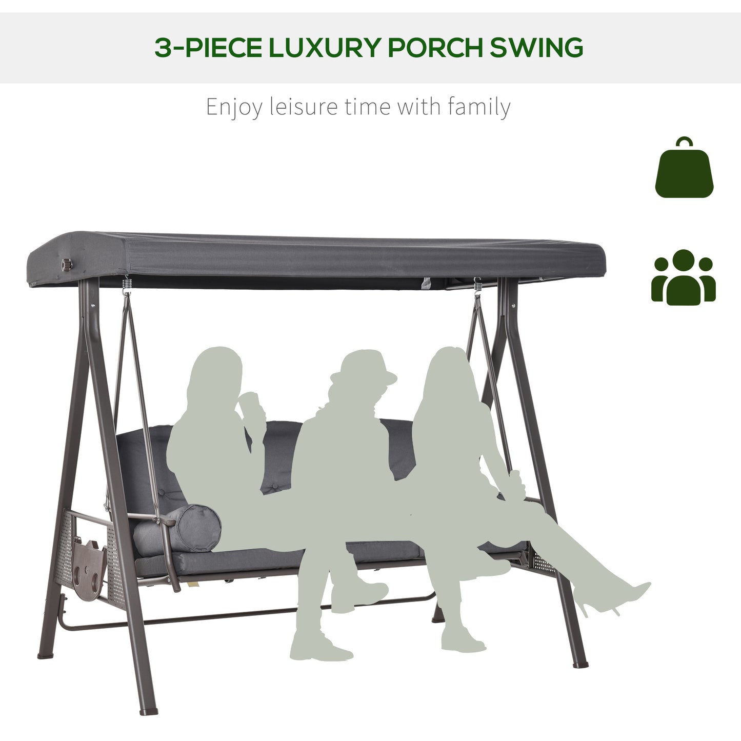 Steel Swing Chair Hammock Garden 3 Seater Canopy w/ Cushions Shelter Outdoor Bench Grey