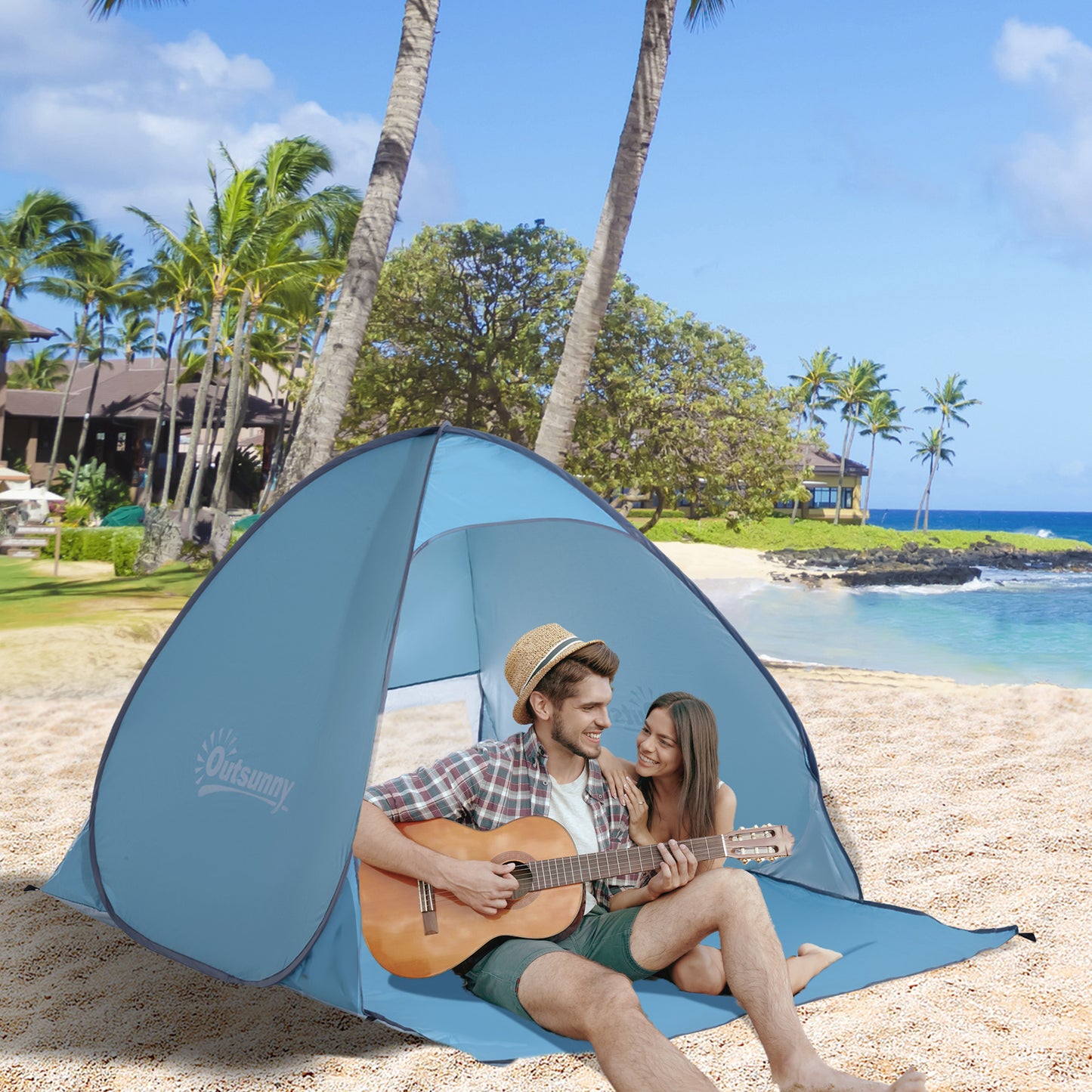 Outsunny 2 Person Pop up Beach Tent Hiking UV Protection Patio Sun Shade Shelter (Blue) Instant Camping Portable Automatic Carry Case 