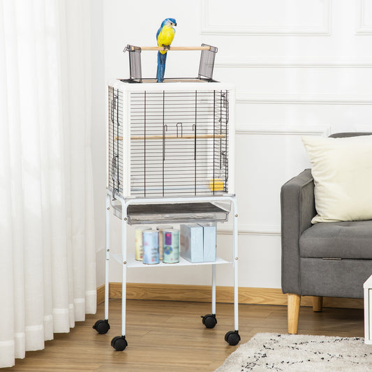 PawHut Cage of Birds, Bird Aviary, Parrot Cage, w/ Openable Top, Slide-out Tray, Handle, Rolling Stand, Storage Shelf, White 