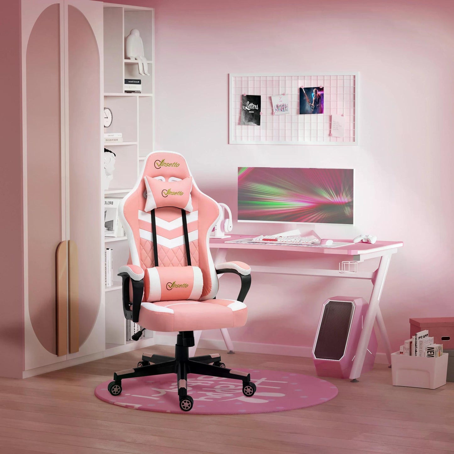 Vinsetto Pink Gaming Chair, Ergonomic with Lumbar Support, Headrest, Swivel Wheel, PVC Leather Gamer Desk Chair for Home Office, 