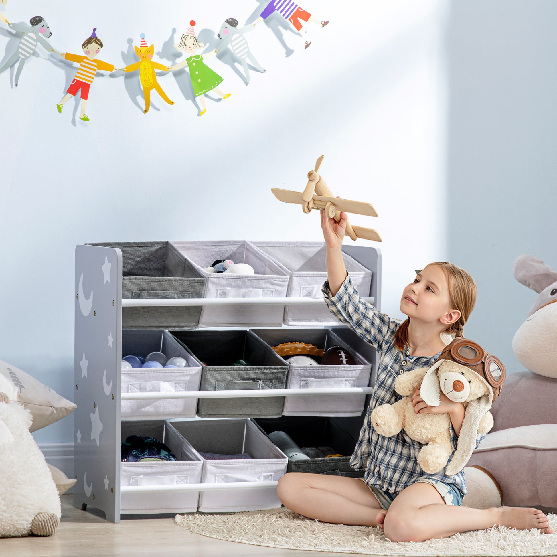 ZONEKIZ Childrens Toy Storage Unit with 9 Removable Storage Baskets, Toy Box Organiser with Shelf, Grey 