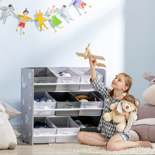 ZONEKIZ Childrens Toy Storage Unit with 9 Removable Storage Baskets, Toy Box Organiser with Shelf, Grey 